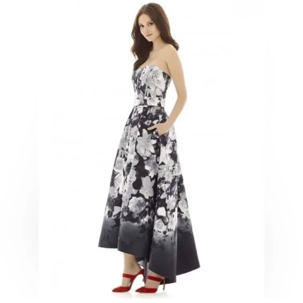 Alfred Sung hi-low strapless black & white floral formal gown size 4